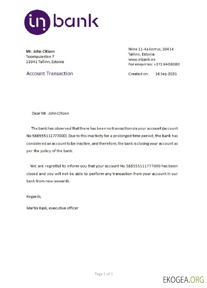 Référence Estonie , Inbank , closure